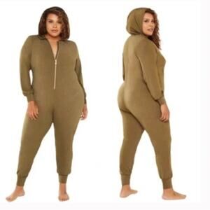 Savage X Fenty Olive Green Satin Hooded Onesie Jumpsuit 2X NWT Sleepwear Lounge